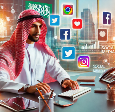 Saudi marketing team planning social media strategy in a modern office.