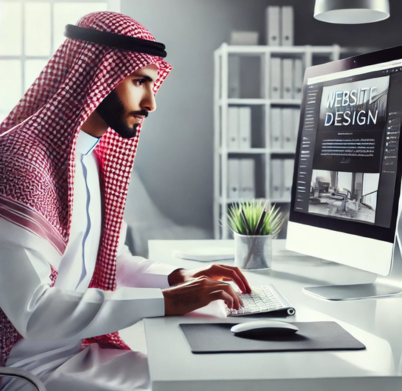 Saudi professional designing a responsive website on a computer in an office in Saudi Arabia.